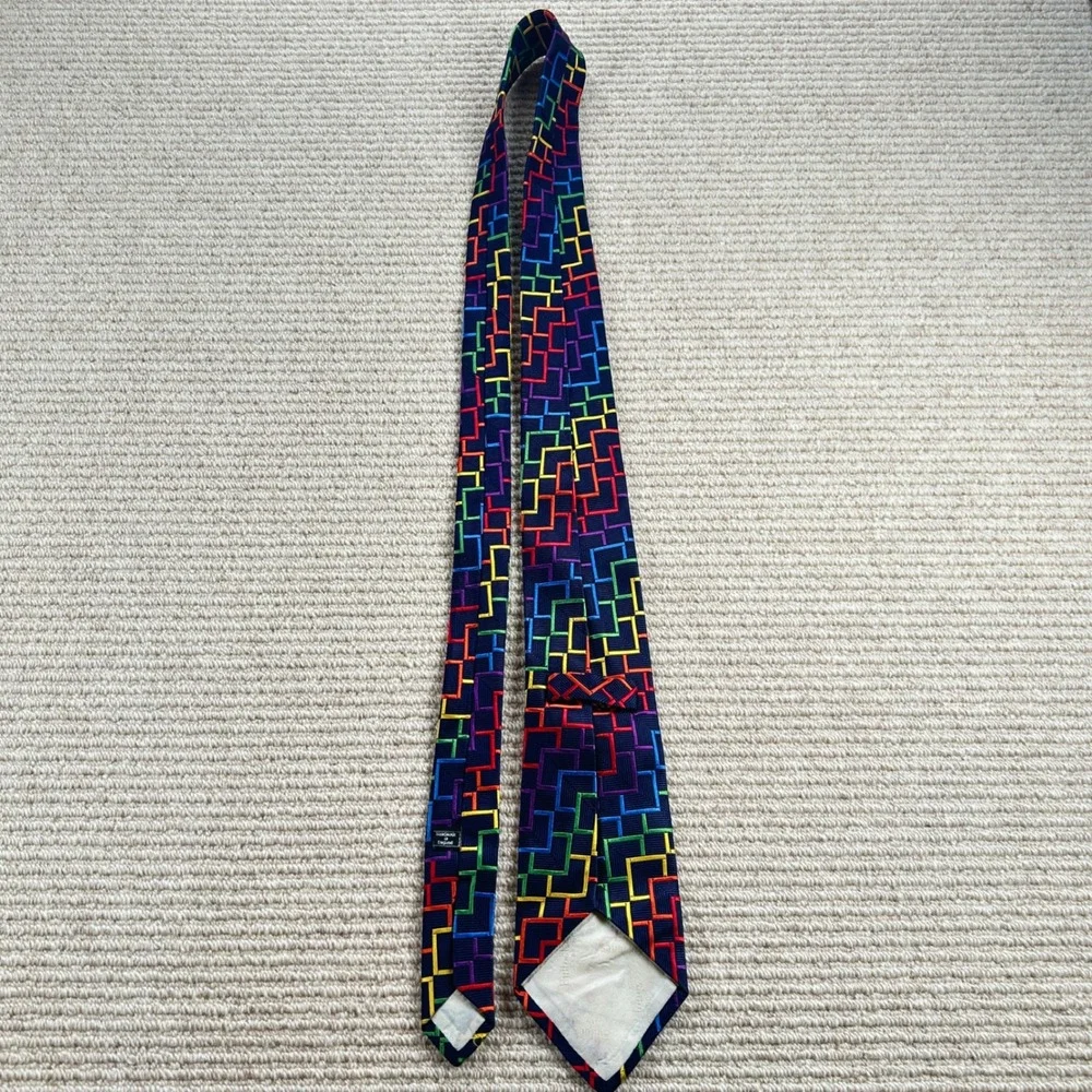 Vintage Bullock & Jones Silk Tie Mens OS Navy Rainbow Geometric Maze Handmade UK